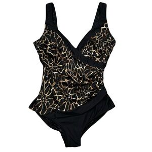 Longitude Leopard Print Black Brown One Piece Swimsuit Size 20W